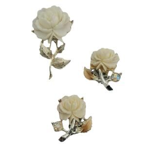 Vintage Carved Celluloid Rose Brooch and Clip On Earrings Set